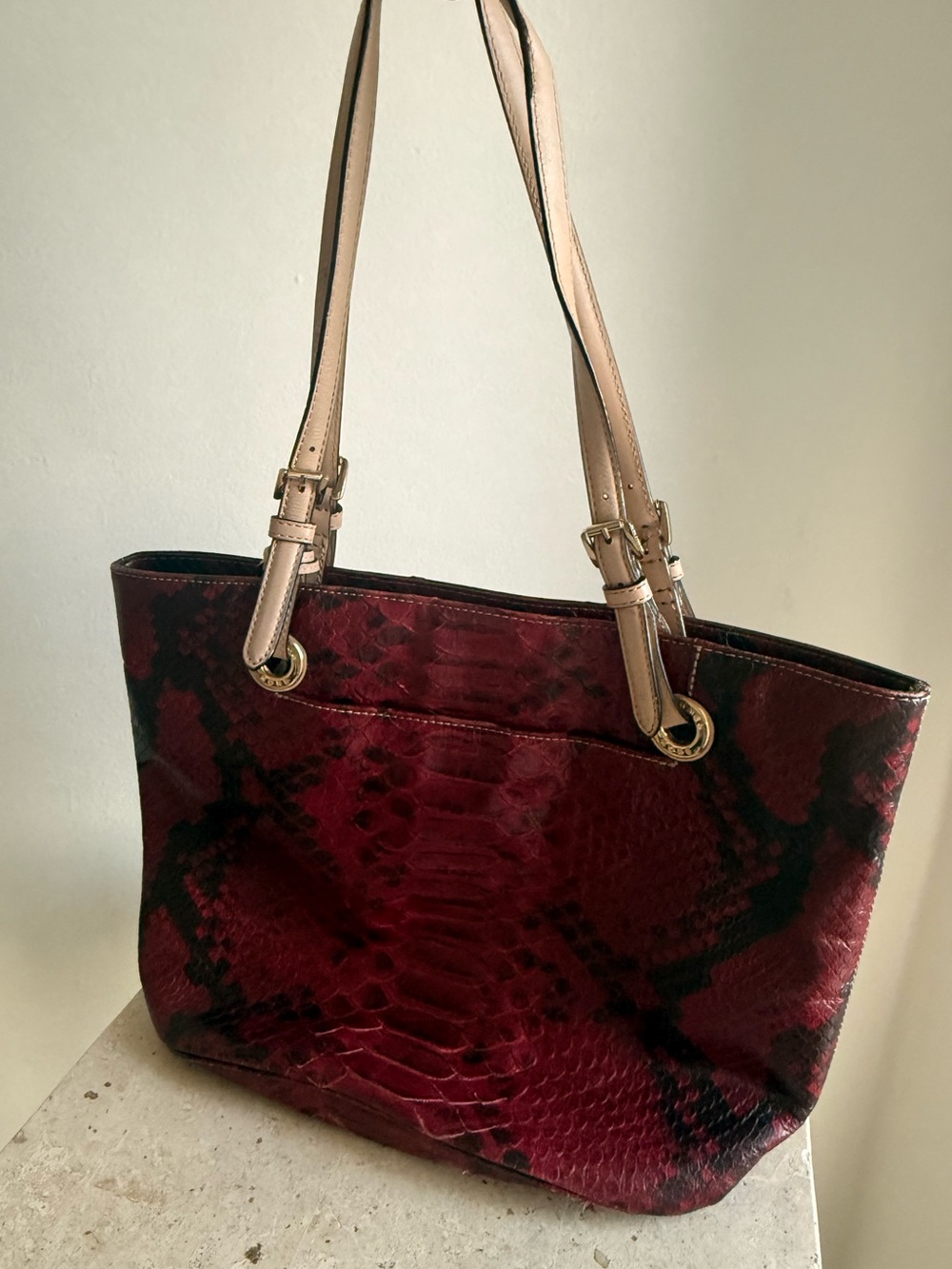 Michael Kors Burgundy Snake-Print Tote with Beige Straps